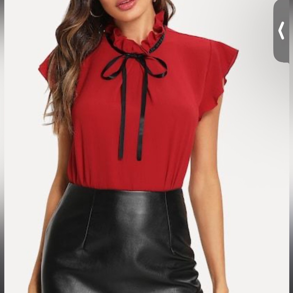SHEIN Red Ruffle Sleeve Blouse With Bow Accent